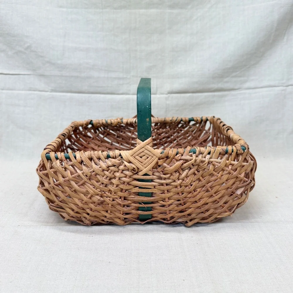 Vintage Wicker Gathering Basket Green Handle Cottage Decor Organizer 1970s